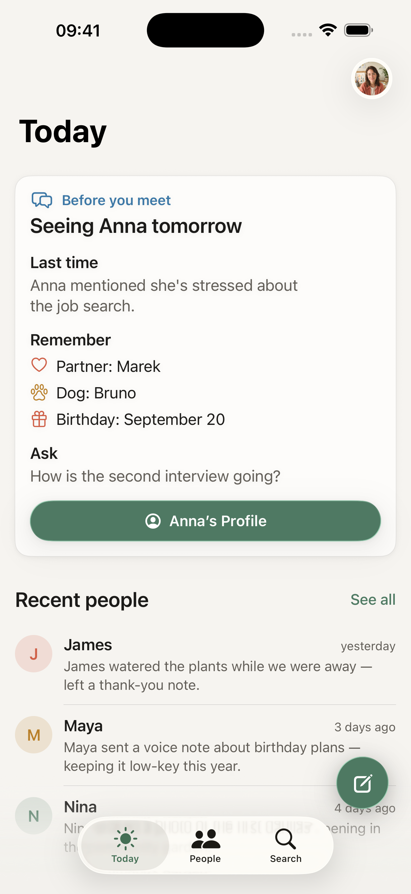 Kindmemo Today screen showing useful context before meeting Anna