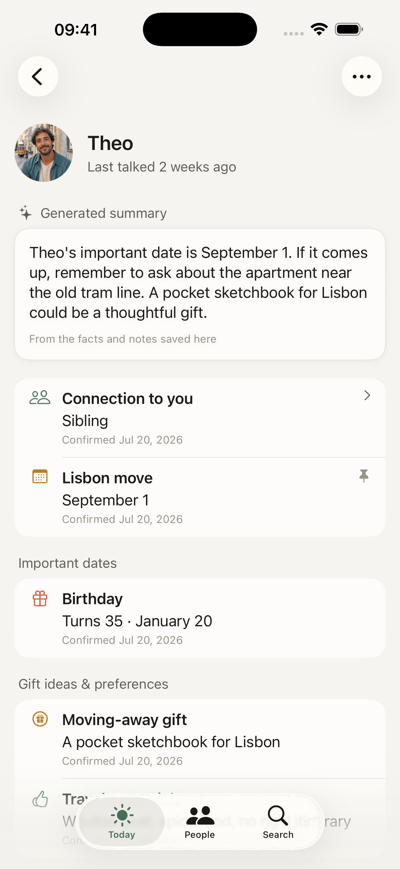 Kindmemo profile showing a summary and saved details for Theo