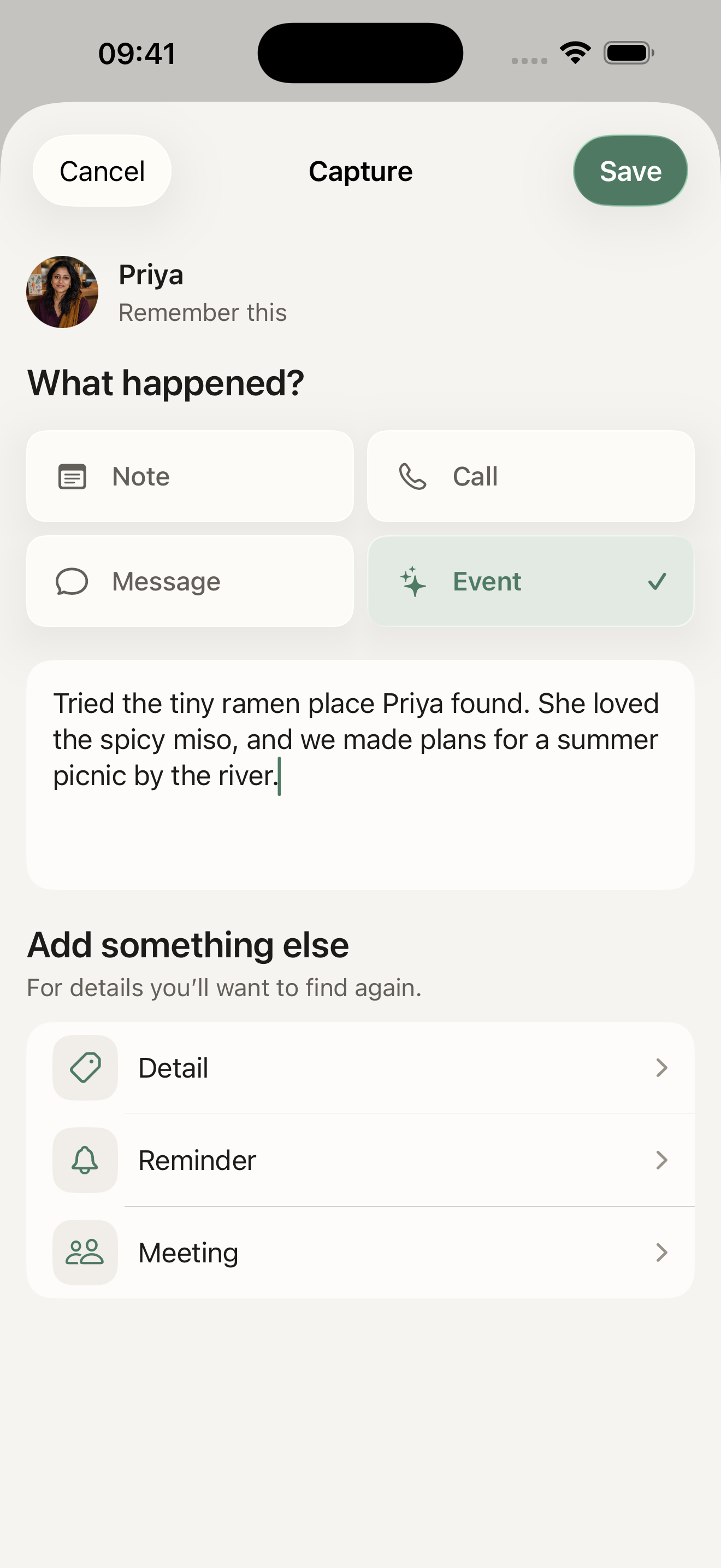 Kindmemo Capture screen saving a shared moment with Priya
